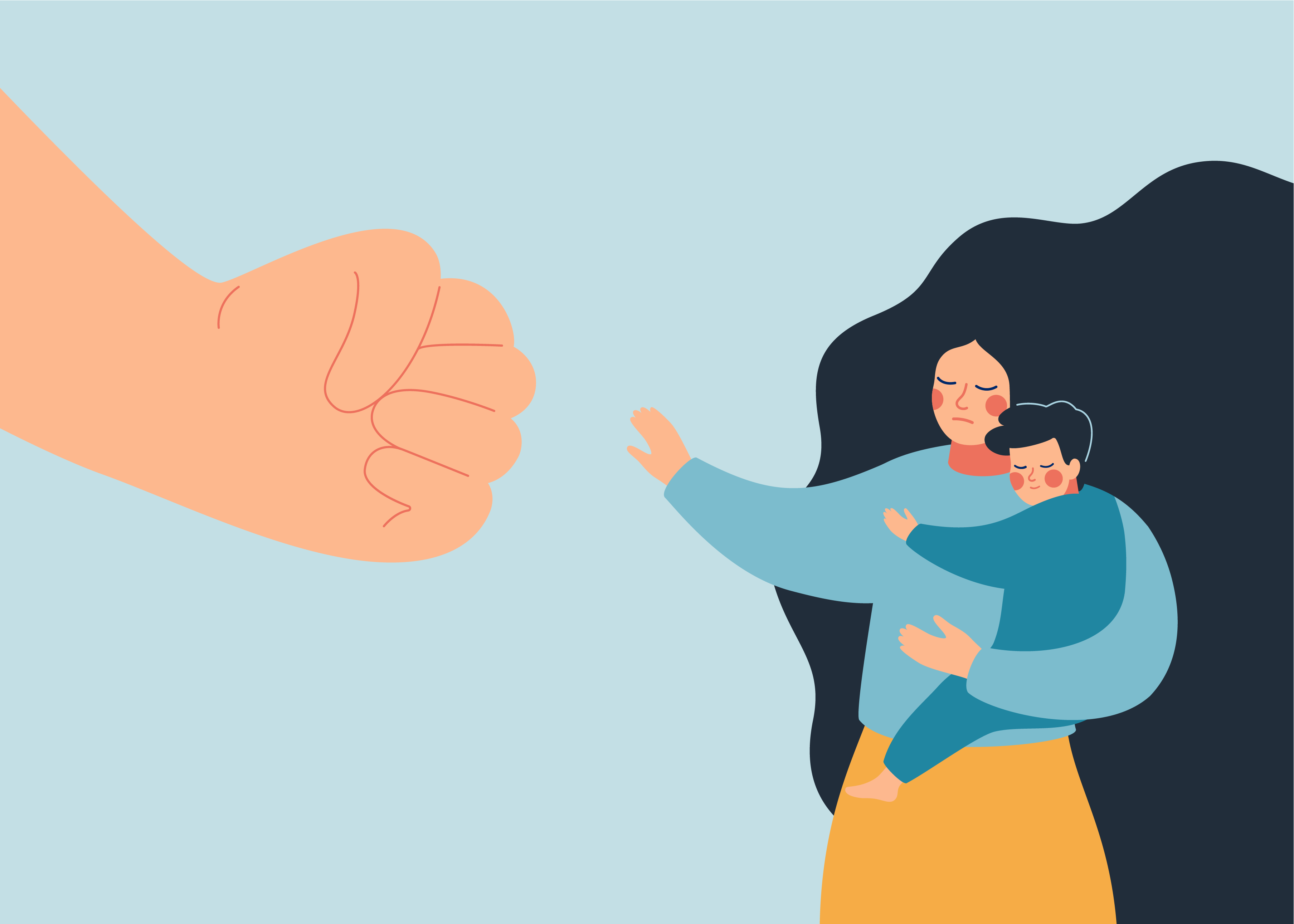 Matka trzymająca dziecko w ramionach, chroniąca się przed przemocą