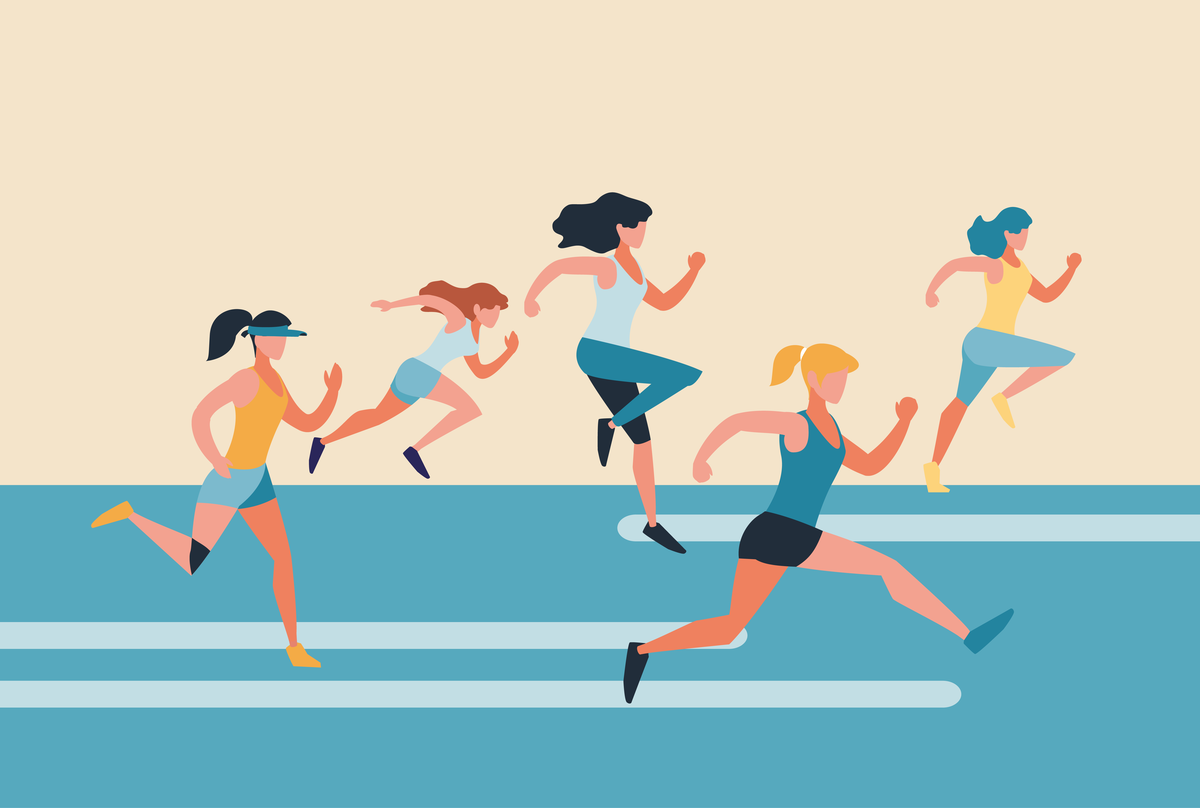Na obrazku pięć biegnących osób.