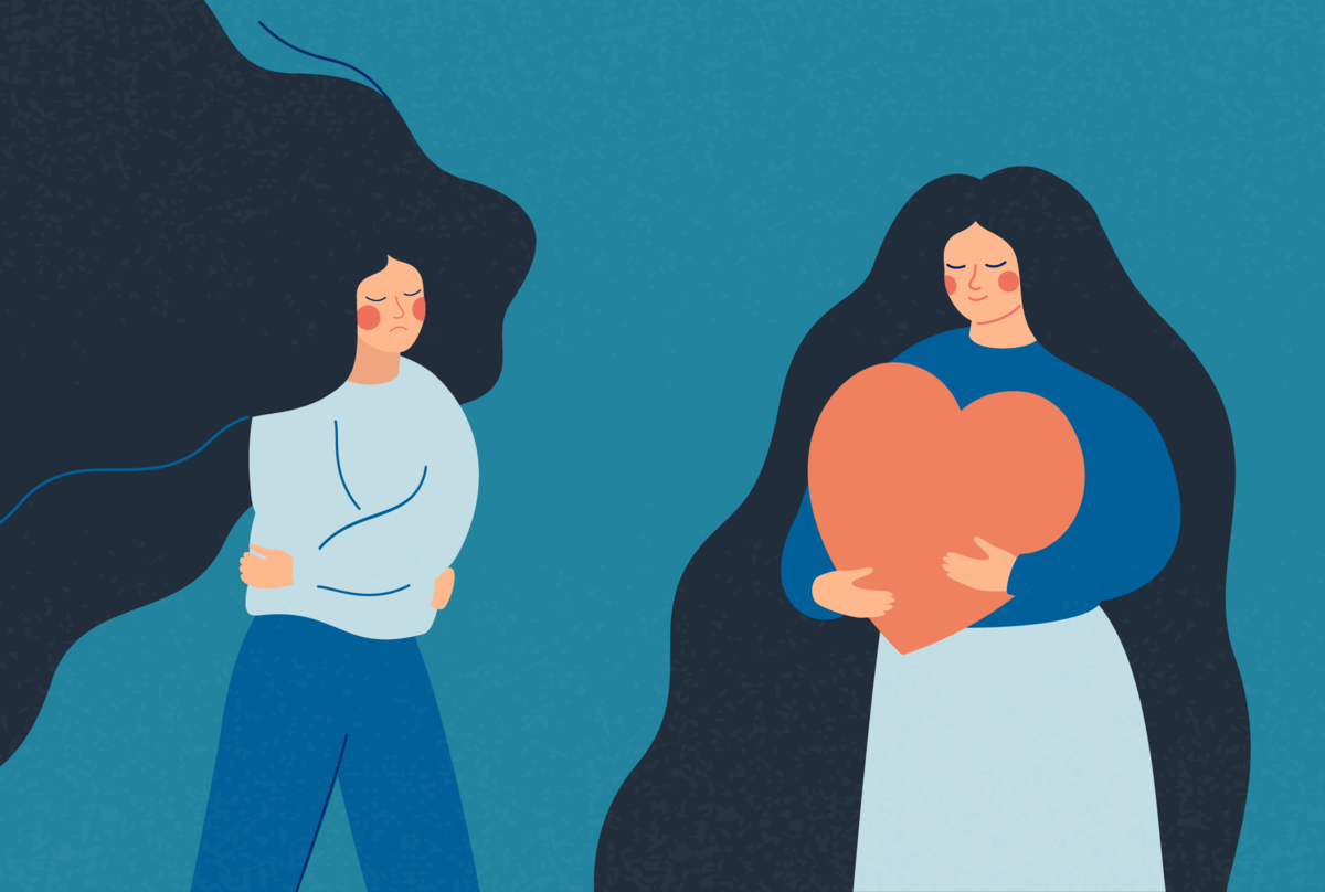 Na obrazku widzimy dwie osoby - jedna jest smutna i przygnębiona, druga przytula wielkie serce i uśmiecha się.