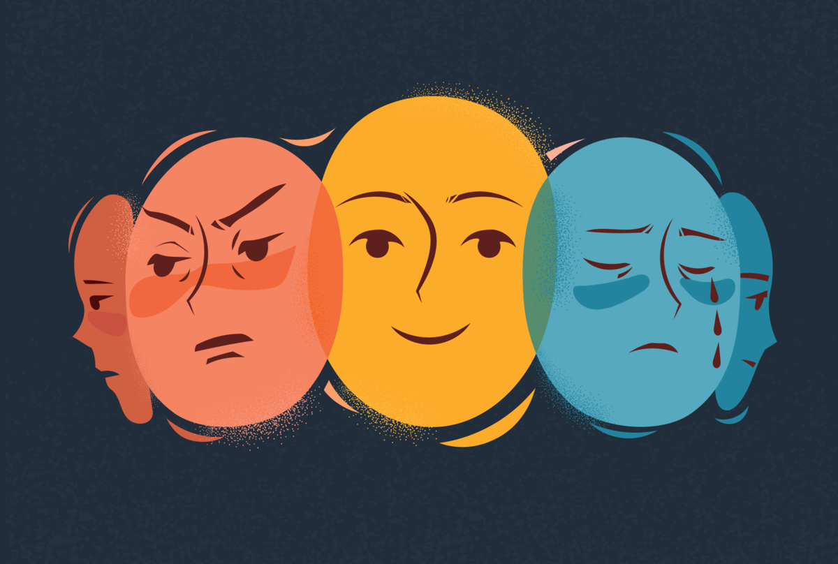 Na obrazku maski, z różnymi wyrazami emocji.