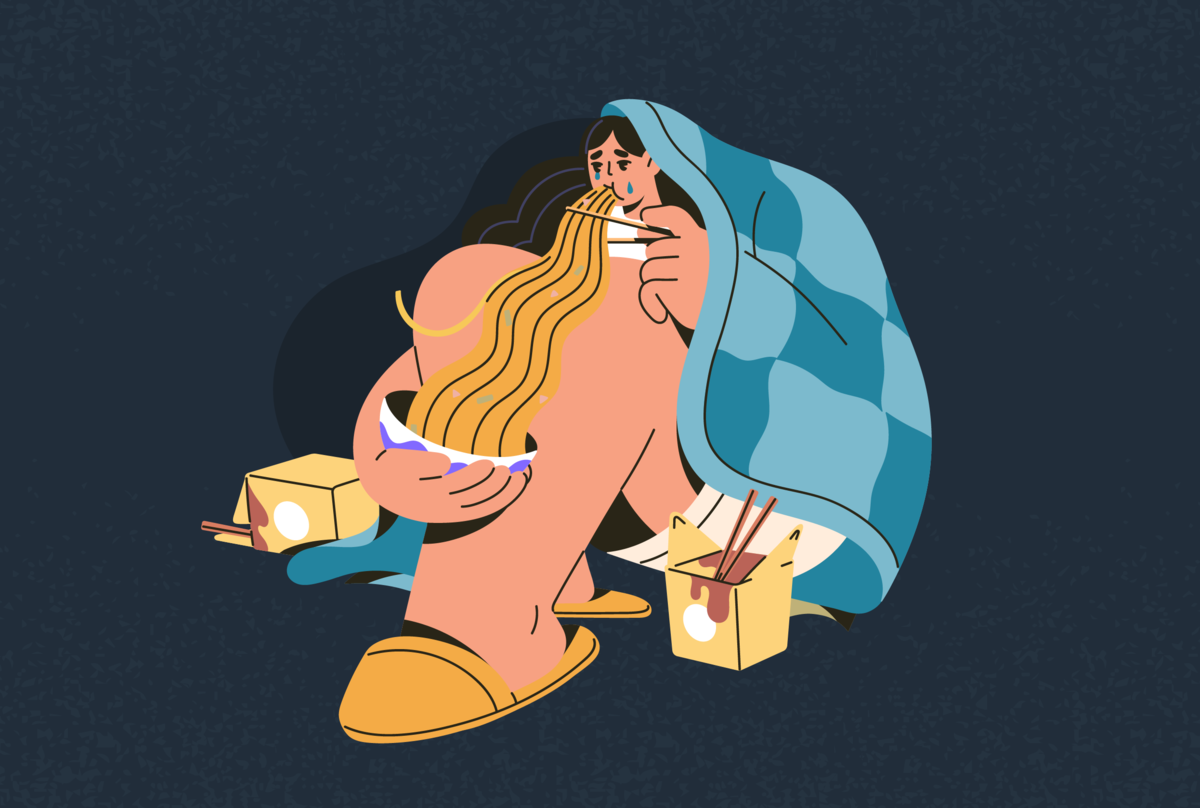 Na obrazku widzimy osobę, która zajada swój smutek.