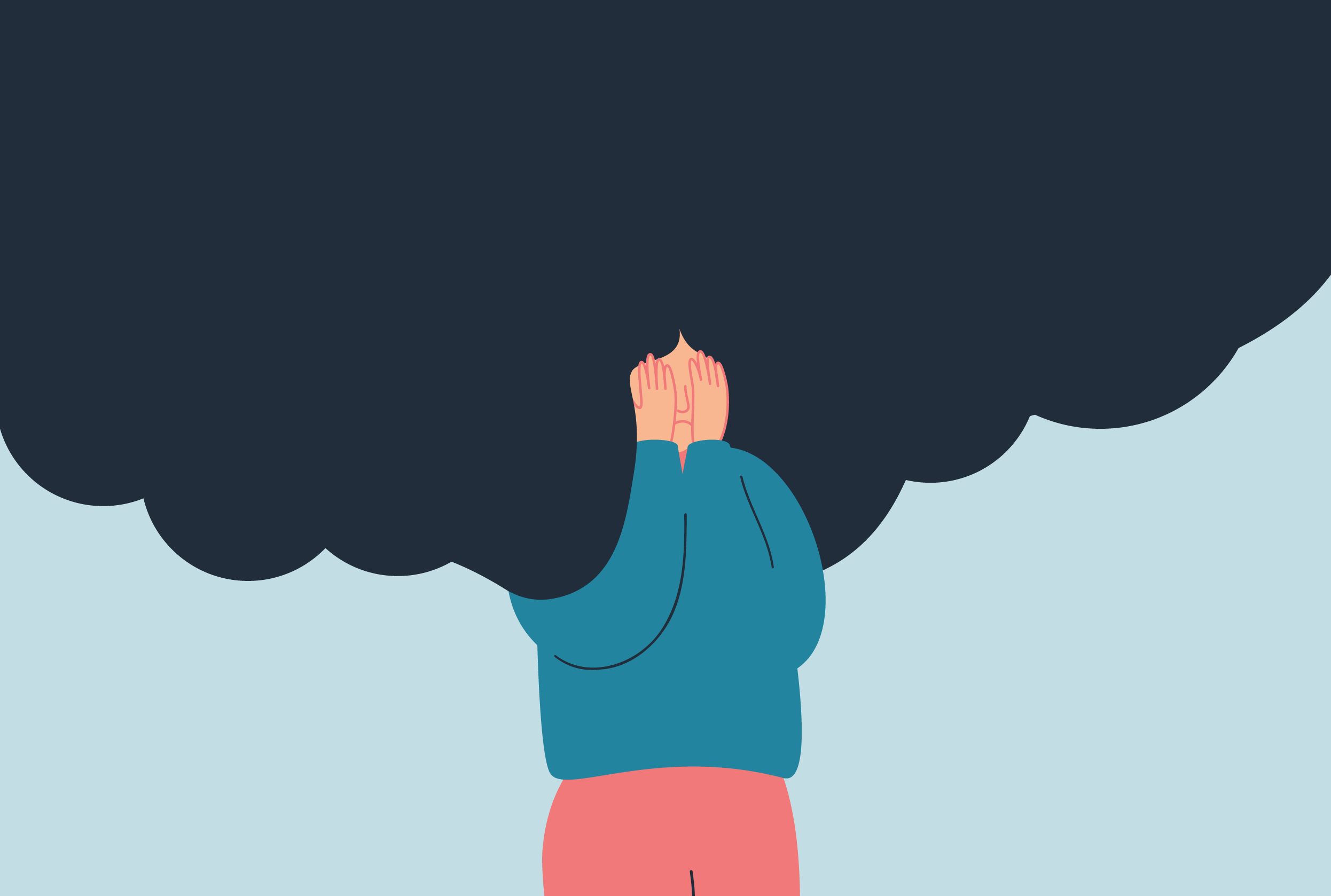 Ciemne chmury nad głową kobiety utworzone z jej włosów