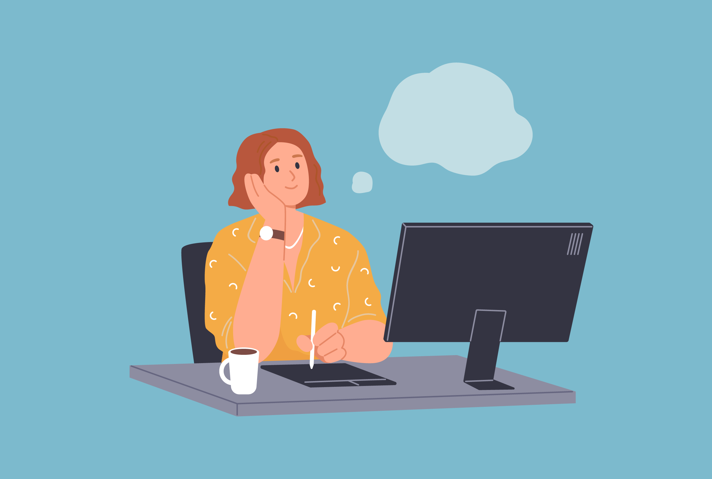 Zamyślona kobieta wykonująca pracę zdalną przy laptopie